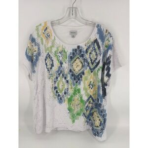 Nikki‎ XL Tunic Top White Lace Overlay Blue Green Yellow Boho Casual Blouse